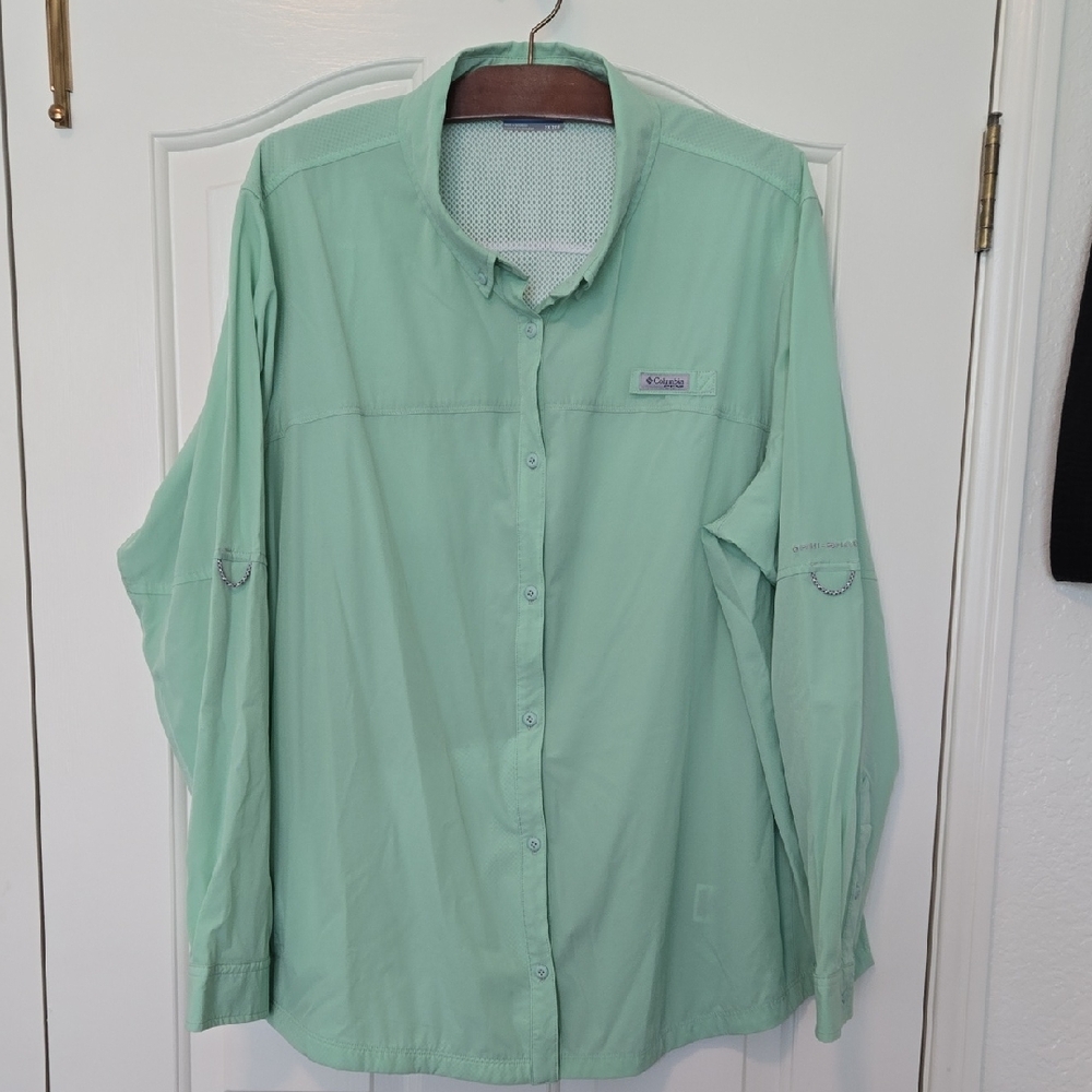 Columbia PFG Mint Green Omni‑Shade Omni‑Wick Button‑Down Shirt • Women’s 2X